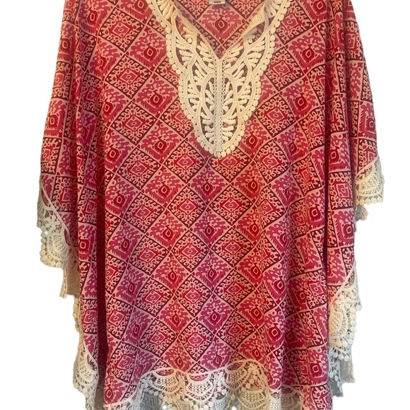 Nikki Poulos Geo Print Boho Crotchet Tunic Coverup Poncho Oversized Fit - Picture 3 of 12